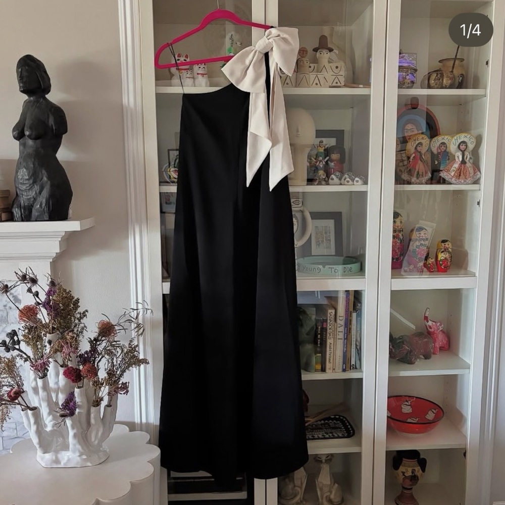 Mr. Larkin Oda Black One-Shoulder Dress with White Bow S EUC